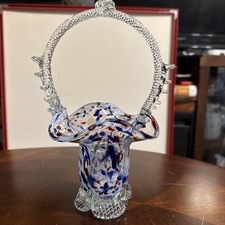 VTG Murano Art Glass Footed Basket Hand Blown Spatter Speckled Glass 9.5  Tall
