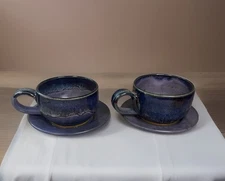 Jugtown Ware Pottery Coffee Mugs And Saucers Set Of 2