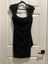 Xscape Black Lace Ruched Sheath Dress Cowl Neck Cap Sleeve Size 12P