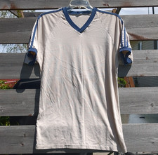 Vintage Navy Tan Single Stitch T-shirt Raglan Sleeve Unisex Three Stripes Vneck