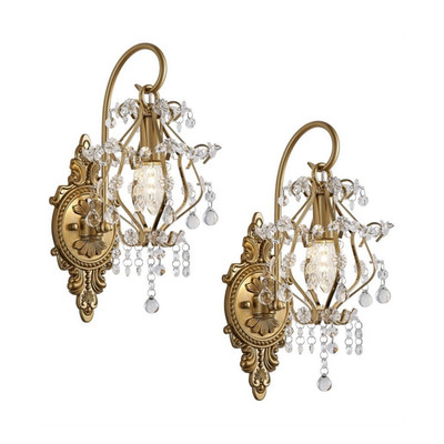 Fetason Antique Gold Crystal Wall Sconce Pair, E12 Base, 110-240V