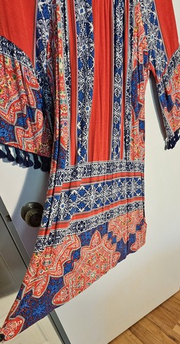 Abito donna One World, medio, nappe su maniche a campana, cotone rosso e blu SEXY! - Foto 3 di 7