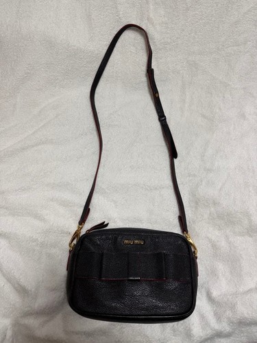 Auth MIU MIU Madras Leather Shoulder Bag Black Gold Zipper Hardware Bow Women's