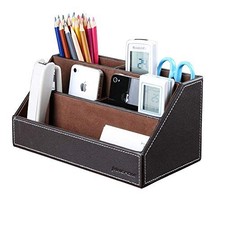 Pu Leather Multi-Function Desk Organizer Storage Box, 5 Compartments Brown