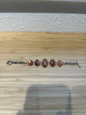 925 Sterling Silver Cable Link Bracelet Oval Brown Sunstone Bezel Toggle