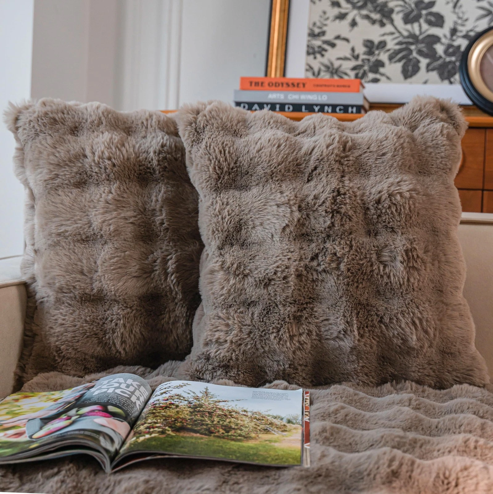 NEELVIN BROWN FAUX FUR SOFT DECORATIVE THROW PILLOW COVERS 16X16 - TAUPE