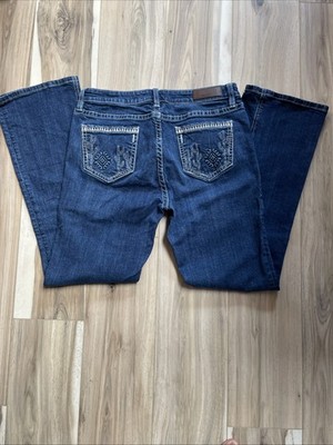 ROCK & ROLL Cowgirl Bootcut Jeans~Mid Rise~Raised Cactus~Womens 29x32 Dark Denim