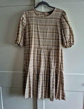 Peacocks Women’s Beige/White Gingham Smock Dress Tiered Ruffle Puff Sleeve 14