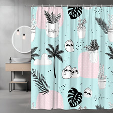 Sloth Shower Curtain Cute Palm Leaves Pink Polka Dot Print