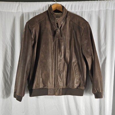 Jos A Bank Brown Genuine Leather Bomber Jacket XL w World Map Lining Mens  Coat