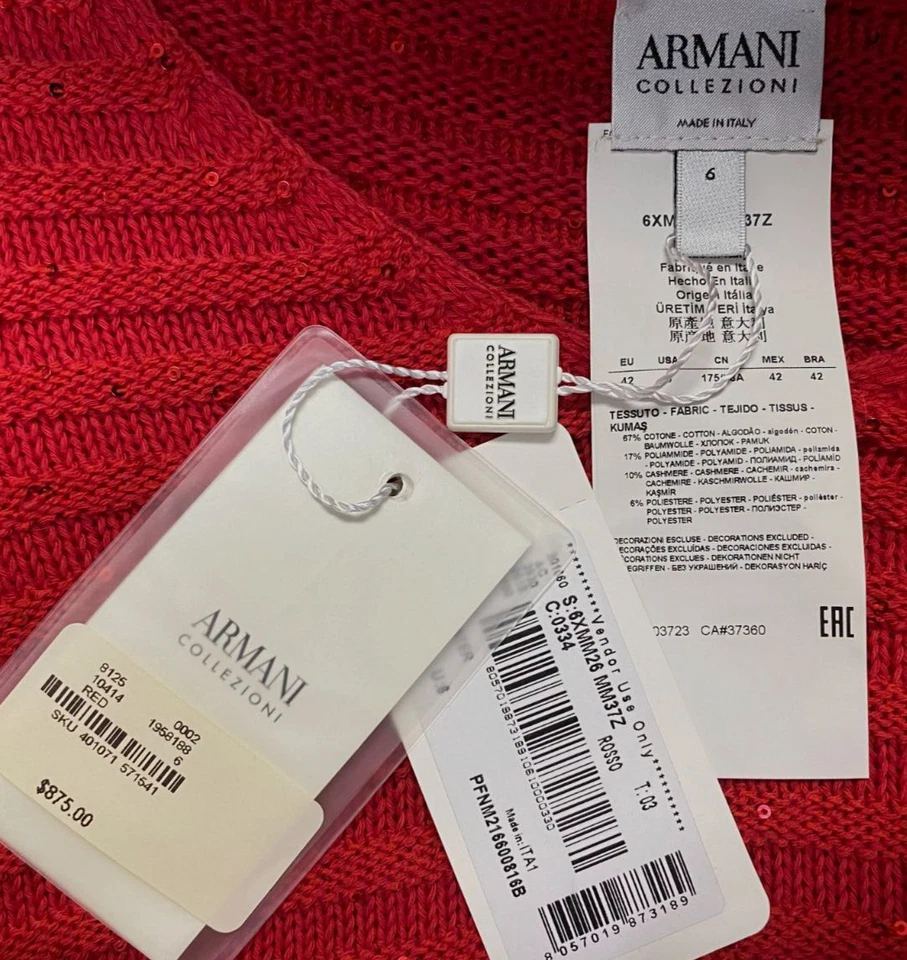 $875 Suéter Armani Collezioni Para Mujer Rojo Algodón Lentejuelas Cuello Redondo Talla 6 Foto 3 de 3