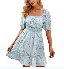 Womens Casual Floral Print Light Blue Ruffle Summer Dress Open Back Tie Size L