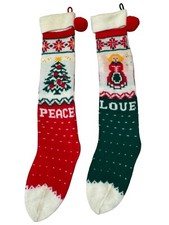 Vintage Christmas Stockings w/ Pom-Poms Love/Peace Made in Hong Kong 70s-80s Era