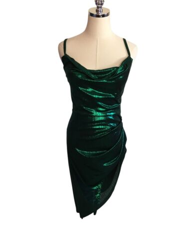 Micas Dress Women’s Size Large Green Metallic Ruched Spaghetti Strap Midi