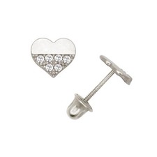 14K Solid White Gold Love CZ Heart Screw Back Earrings Set With Sparkling Stones
