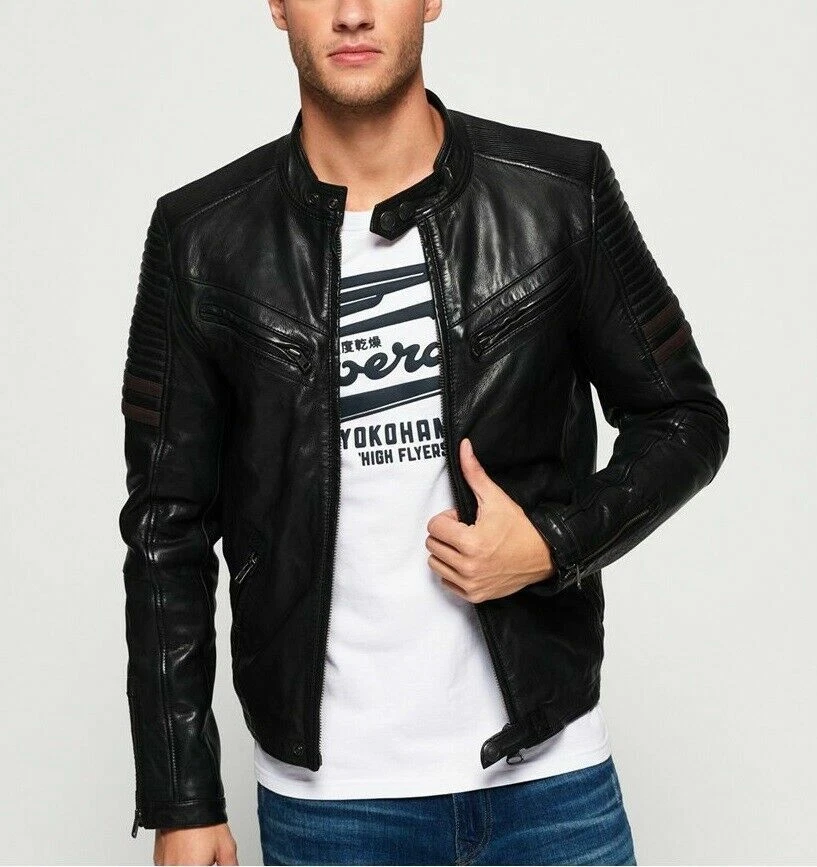 Chaqueta de cuero auténtico estilo motero para hombre - Chaquetas