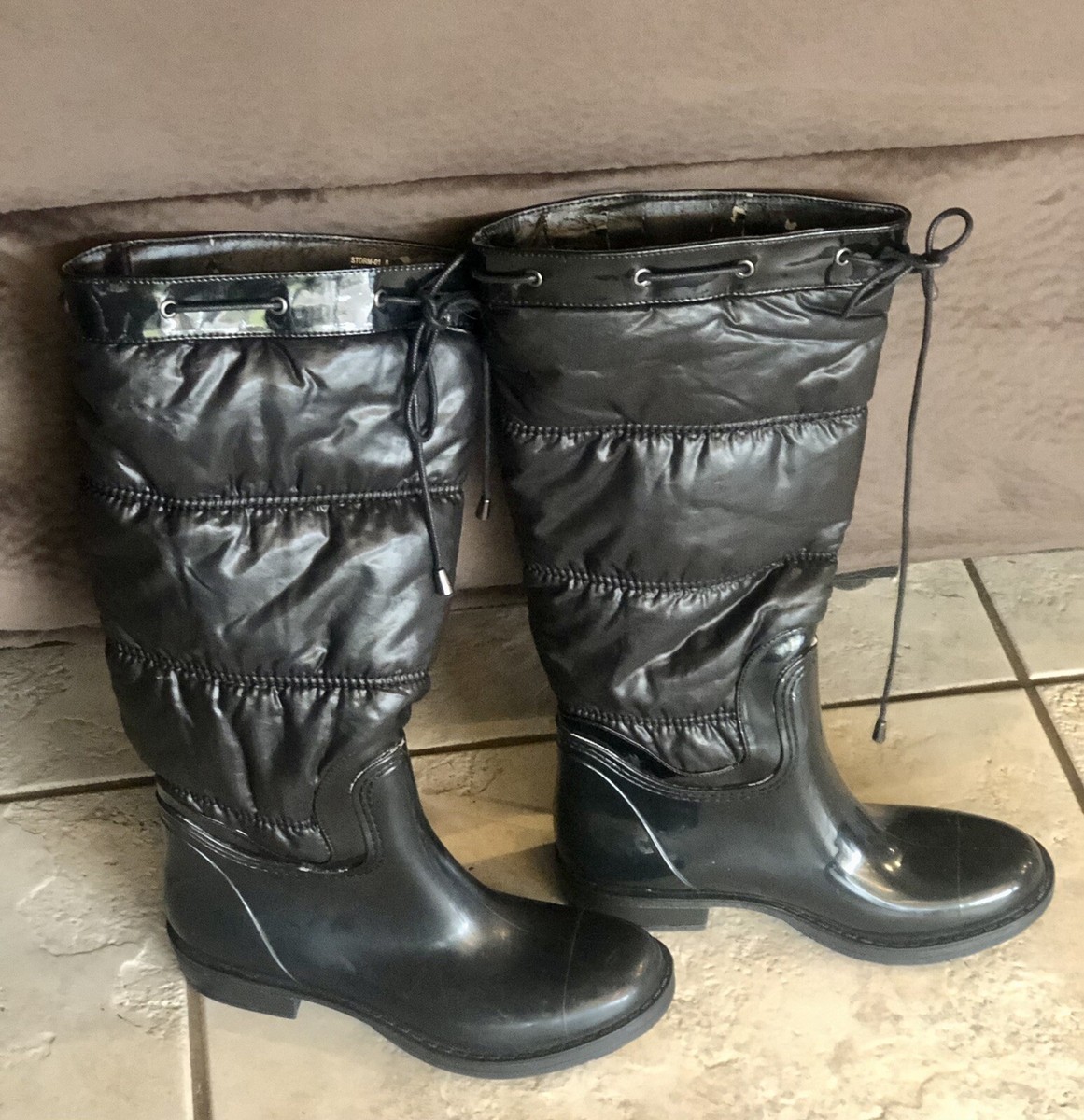 Bamboo Women's Tall Rubber Rain Boots Black Size Draw String Top