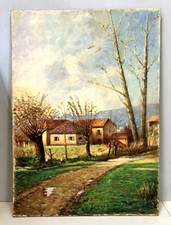 ANTICO DIPINTO OLIO TELA Nino Belotti PAESAGGIO CAMPAGNA BORGO ANTICO CASALI 900