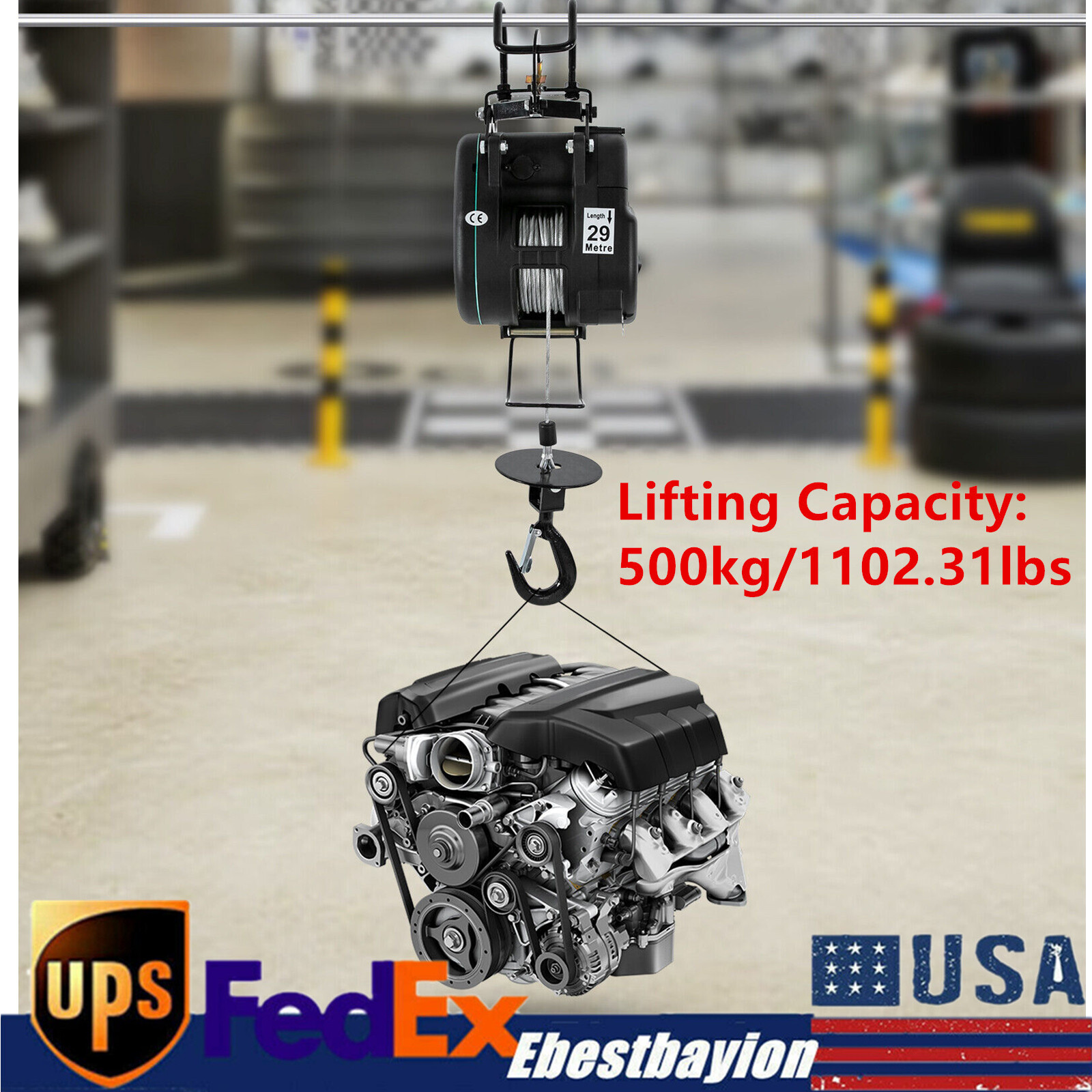 Portable Electric Hoist Winch 500 kg/1102 lbs with 29 m/95.14ft Lifting Height