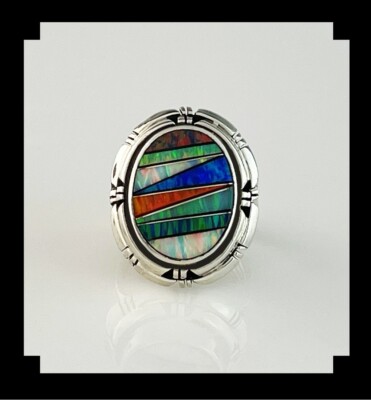 Handcrafted Unisex Inlay Ring   Size 7 3/4