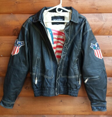 Ameri　BACK SIDE JACKET VTG Black Leather Bomber Jacket American Flag Back & Lining Biker