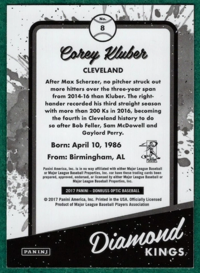 Corey Kluber - 2017 Donruss Optic #8 - Cleveland Indians Baseball Card - Image 3 of 3