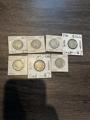 Lot of Buffalo Nickels Vtg U.S. Coins 1913 1920 1914 1927 1918
