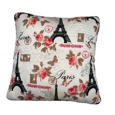 Throw Pillow Eiffel Tower Paris Pink Roses Postcard Stamps Butterflies 15 x15
