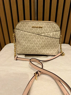 Michael Kors MK Monogram Zip Crossbody Bag Beige Gold Chain Pink Strap
