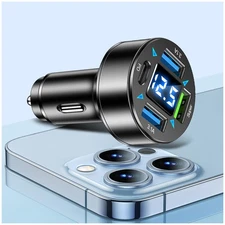 Fast Car Charger,4 Ports Cigarette Lighter USB Charger with LED Voltmeter,PD3...