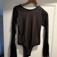 Women  s Black Sheer Semi-Transparent Long Sleeve Bodysuit Solid S Wireless