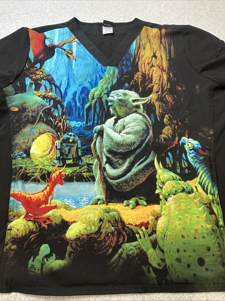 Y2K Star Wars Cherokee Tooniforms Yoda Scrub Top Unisex Size XL All Over Print - Image 3 of 4