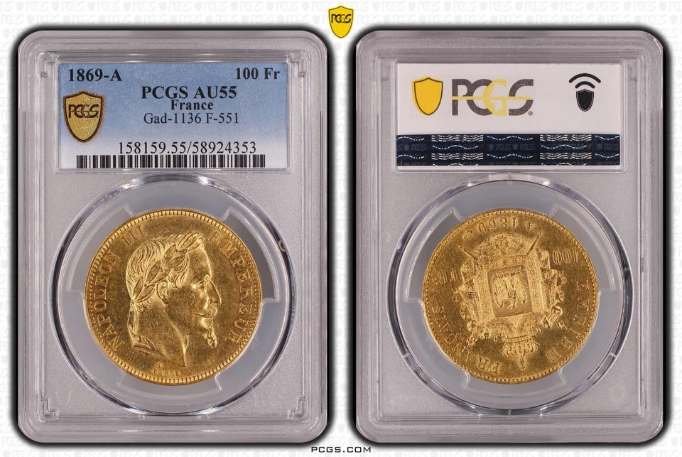 Napoléon III 100 Francs or Tête Laurée 1869 Paris PCGS AU55 Superbe rare - Photo 4/4