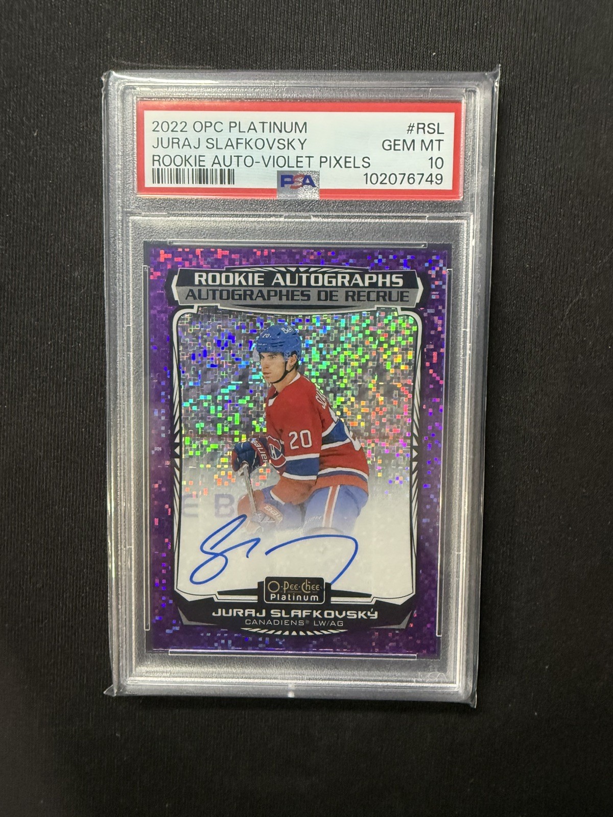 22/23 O-Pee-Chee Platinum Rookie Violet Pixels /99 Juraj Slafkovsky Auto PSA 10