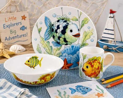Happy Fish Kinder Frühstücksset 3-teilig Fine China 8'' 20 cm Teller Becher Schale