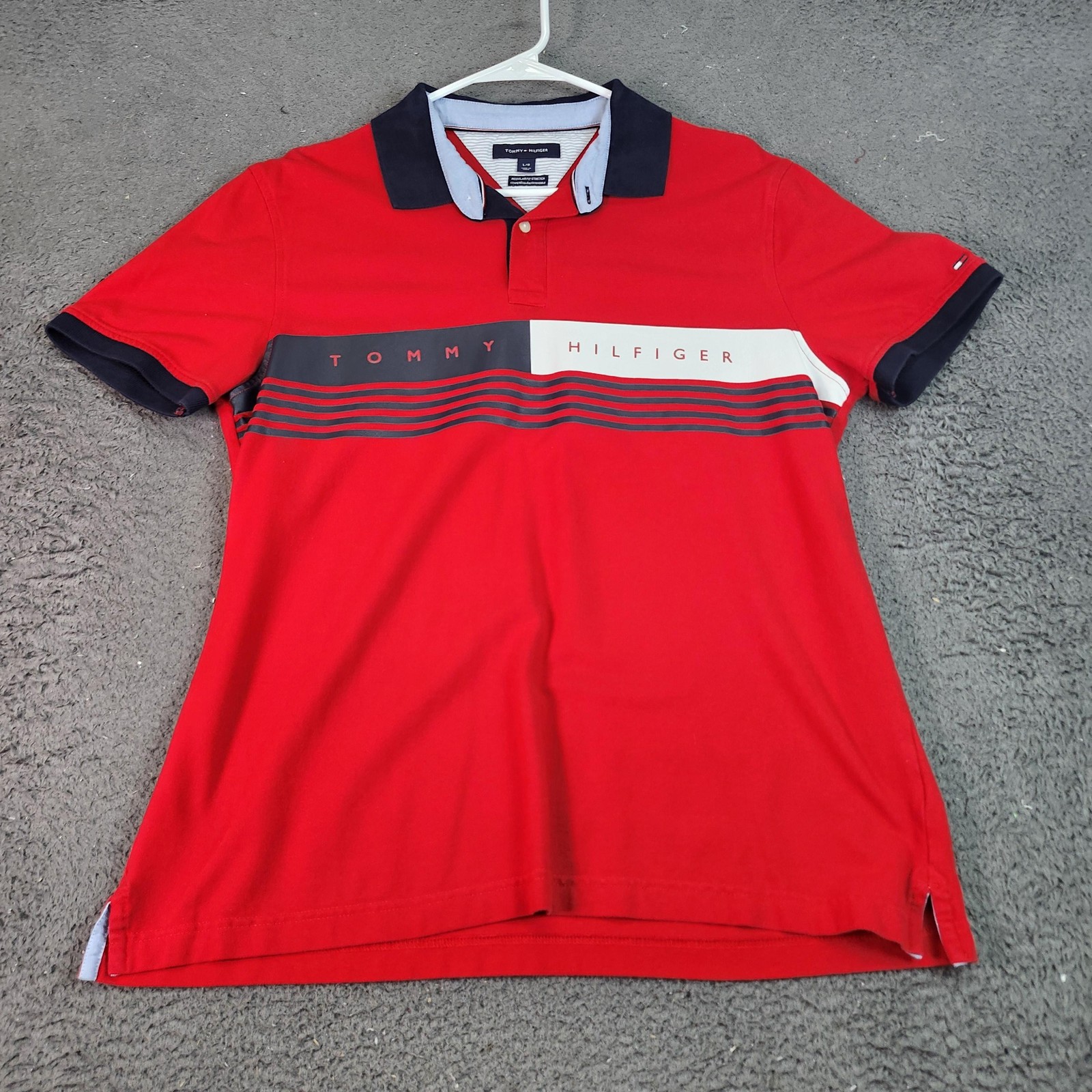 Tommy Hilfiger Polo Shirt Mens Large Red Regular Fit Stretch Logo Stripe Casual