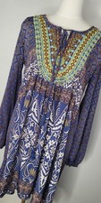 Raga Anthropologie Embroidered Boho Dress S Blue Paisley Festival Peasant Tunic