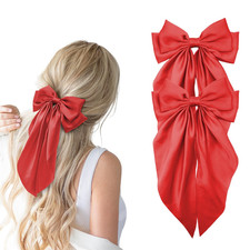 Hair Bows for Women, 2Pcs Red Bow Hair Clips for Girls, Silky Satin Hair Bows Cl
