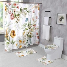 Watercolor Floral Shower Curtain Sets with Rugs Bathroom Decor 72x72 In 4 PCS