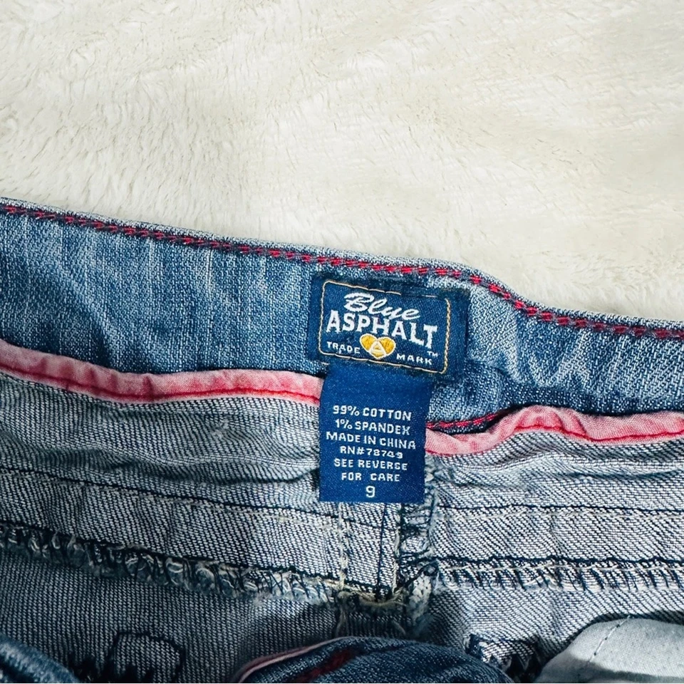 Falda de jean minimalista azul asfalto talla 9 para mujer azul de mezclilla con retazos dobladillo deshilachado Foto 3 de 4