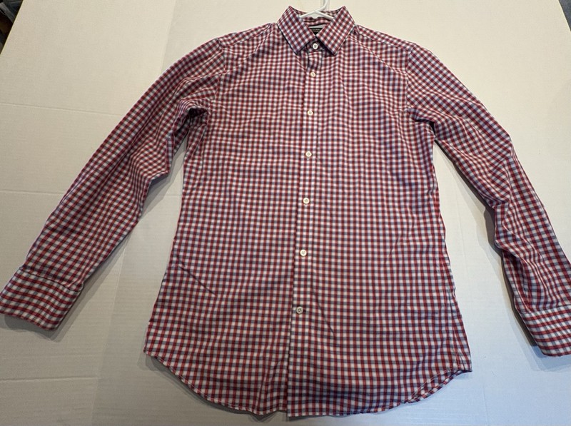Mens M Long Sleeve Tailored Non Iron Red White Plaid Banana Republic Dress Shirt