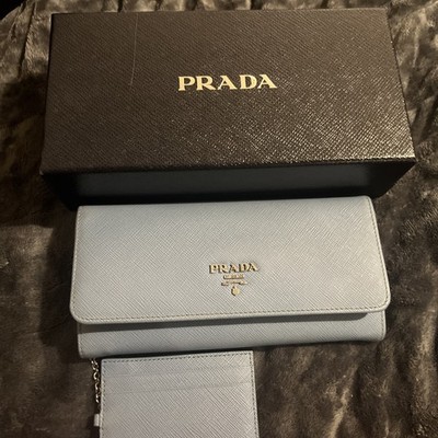 PRADA Baby Blue Saffiano Leather Continental Zippy Long Wallet with Box