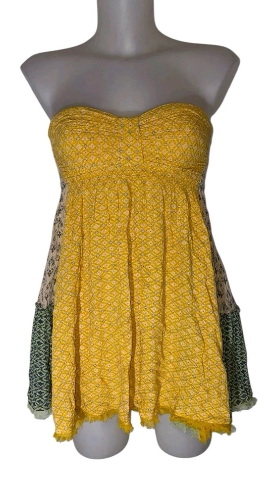 Free People Sz S Women's Yellow Patchwork Babydoll Boho Cottagecore Mini Dress - Image 2 of 4