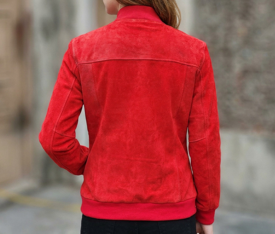 Womens Red Suede Leather Jacket Real Suede Bomber Classic Casual Outerwear Coat image 4