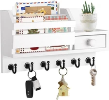 Wooden mail and key rack, 2 slots, 6 hooks, white