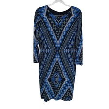Karen Kane Geometric Print Long Sleeve Dress Womens XL Blue Black Polyester