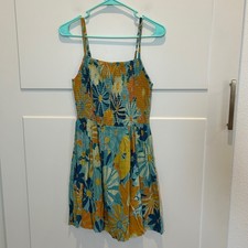 ANGIE Floral Smocked Bodice Sundress Women M Teal Orange Yellow Boho Garden