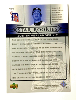 JUSTIN VERLANDER 2005 Upper Deck Star Rookies Rookie card #430 
