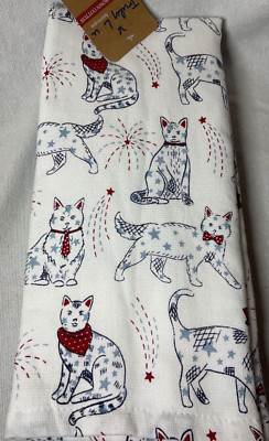 TRULY LOU KITCHEN TOWELS (3) CATS RED WHITE BLUE STARS STRIPE 100% COTTON NIP