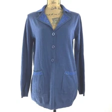 Odemai 1 Med M Sweater Cardigan Blue Shiny Bead Elbow Patch Soft Angora Layer LN